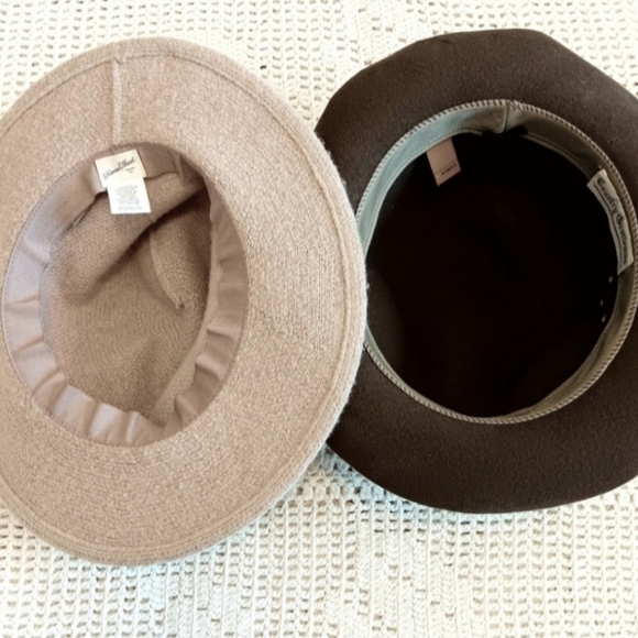[ Country Feminine Minimalist Set of Neutral Taupe Tan & Olive Brown Wool Hats ] - Picture 2 of 4